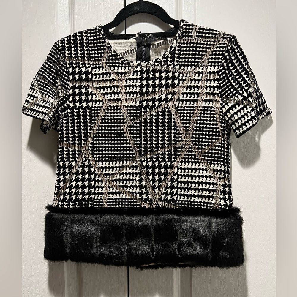 Katharine Kidd Tweed And Faux Fur Black Crop Top